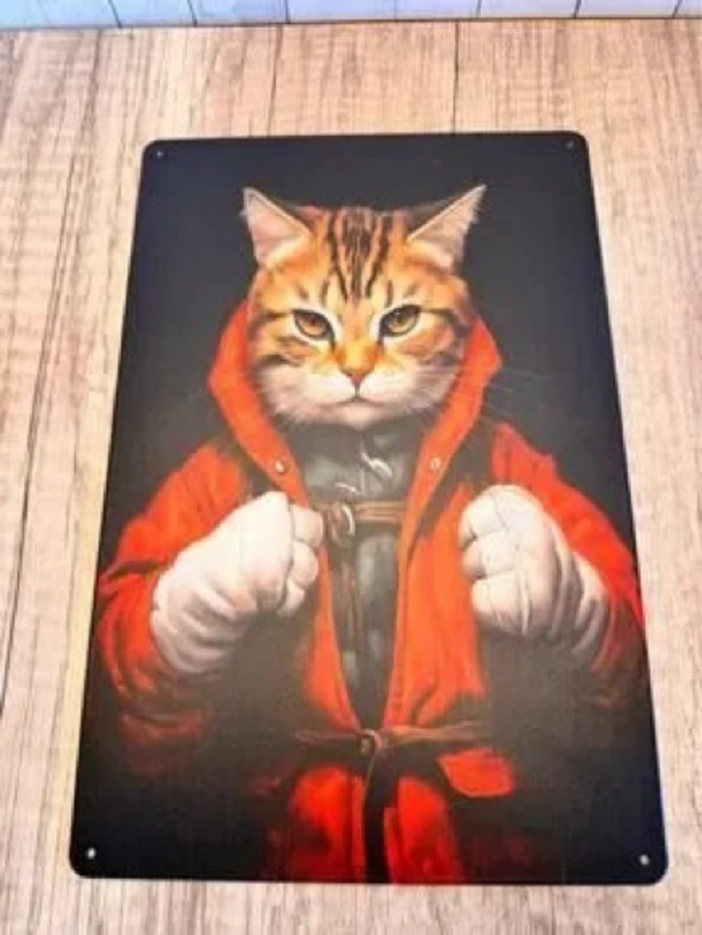 Playful Orange Cat Wall Art Print in Red Jacket